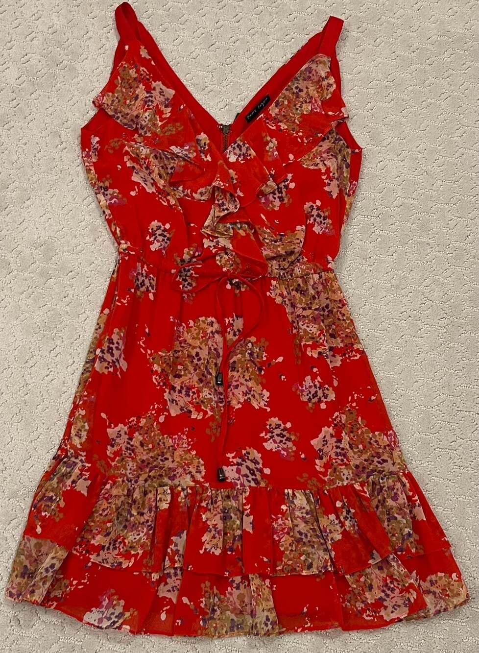 Pure Sugar Sleeveless Red Floral Ruffle Detail Mini Dress